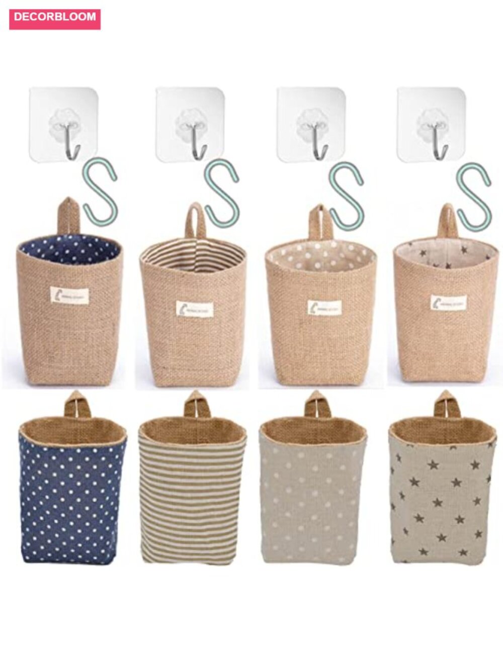 4 Pack Linen Hanging Baskets with Hooks for Storage & Wall Decor